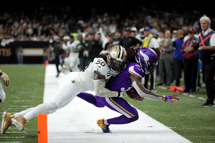 Jan 5, 2020; New Orleans Saints linebacker Demario Davis (56) tackles Minnesota Vikings running back Dalvin Cook (33) during a NFC Wild Card game. Mandatory Credit: Derick Hingle-USA TODAY 